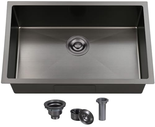 Ufaucet Fregadero de cocina negro de 28 pulgadas, fregadero de cocina de acero inoxidable de 9 pulgadas de profundidad, moderno calibre 16, fregadero nano bajo encimera gris oscuro