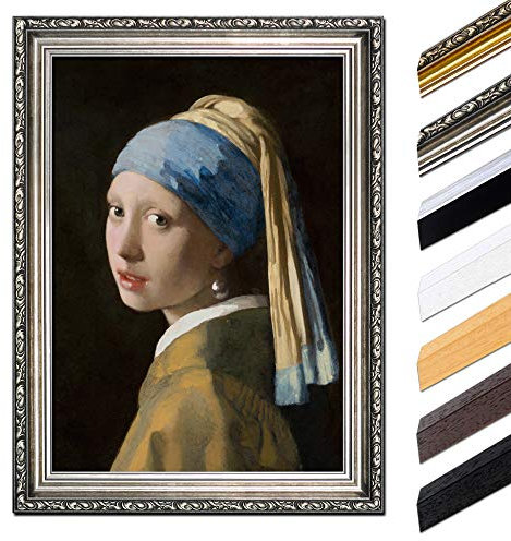 Bild mit Rahmen - Jan Vermeer Das Mädchen mit dem Perlenohrgehänge 40x50 cm - Gerahmtes Leinwandbild Alte Meister - Antiker Rahmen Silber Barock, Klassisch