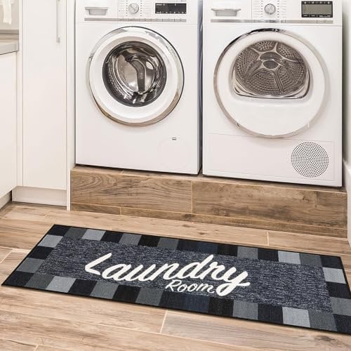 Ottomanson Laundry-Kollektion Teppichläufer mit Gummirückseite und kariertem Rand, 50 cm x 150 cm, Schwarz