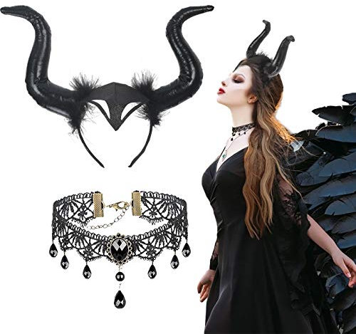 CHALA 2TLG Königin Hörner Kostüm Set Horn Kopfschmuck mit Gothic Spitze Halskette Hexenkostüm Schwarz Kopfbedeckung Teufel Haarschmuck Halloween Damen für Cosplay Maskerade Karneval Fasching