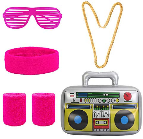 HAKOTOM 6 Stück 80er Jahre Kostüm Zubehör Damen Mädchen mit aufblasbarer Boom Box Neon Stirnband Armbänder Shutter Brille Halskette für 1980er Jahre Party (Rosa)