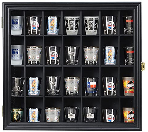 Schnapsglasvitrine aus Holz, Wandmontage, schwarz, Schattenbox, abschließbar mit UV-Schutz, Acrylglastür, Schnapsglas-Sammeldisplay mit abnehmbaren Regalen, 45,7 x 40,6 cm, 28 Fächer