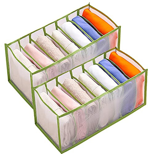 Rocita 2 x Jeans-Fach Aufbewahrungsbox Schrank Kleidung Schublade Mesh Trennbox Kleiderschrank Kleidung Organizer 7 Gitter faltbare Schublade waschbar Haushalt (grün, S (36 * 17 * 12 cm)…