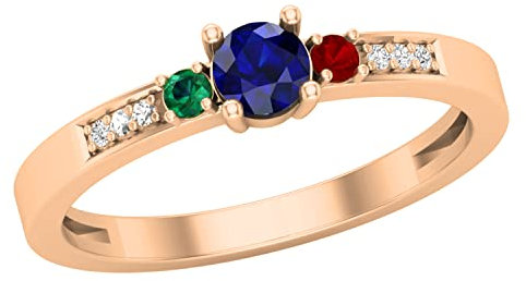 Dazzlingrock Collection 4 mm großer runder blauer Saphir, 2 mm runder Smaragd und Rubin mit natürlichem weißen Diamanten und 3 Steinen, Verlobungsring für Damen, 14 Karat Rotgold, Größe 10, Roségold