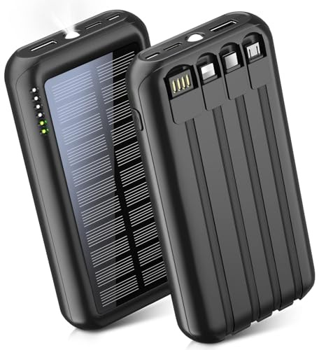 26800mAh Power Bank Solar Powerbank Ladegerät mit 4 Kabeln, tragbares Ladegerät mit USB-C, 4 Ausgänge 3 Eingänge, Handy Ladegerät mit Taschenlampe LED-Anzeigen,Externer Akku für Camping,Outdoor