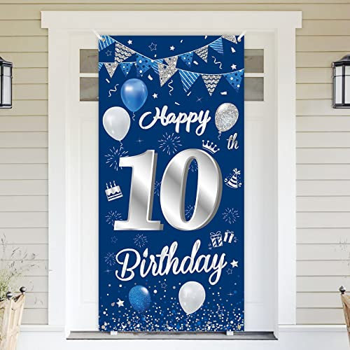 10.Geburtstag Banner Blau Silber,BTZO 10.Geburtstag Jungen,Deko 10.Geburtstagsfeier Mädchen,10 Geburtstag Poster Hintergrund Banner für 10 Party Geburtstagsdeko