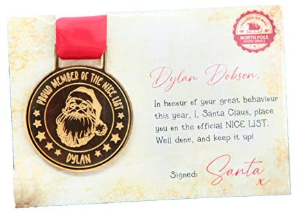 Personalised Engraved Nice List Medal, Santa’s Good List, Tree Decoration, Bauble, Trophy, Santa Letter, Elf Gift, Christmas Eve Box Filler