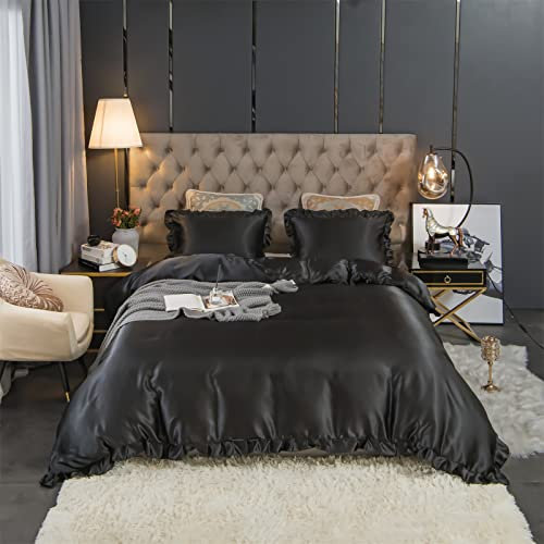 Herside Luxus Satin Bettwäsche 200 x 200 cm und 2 Kissenbezug 80 x 80 cm Schwarz Satin Rüschen Bettwäsche Set 3-teilig Bettbezug mit Reißverschluss Hotelqualität Bettdecke für Sommer/Winter