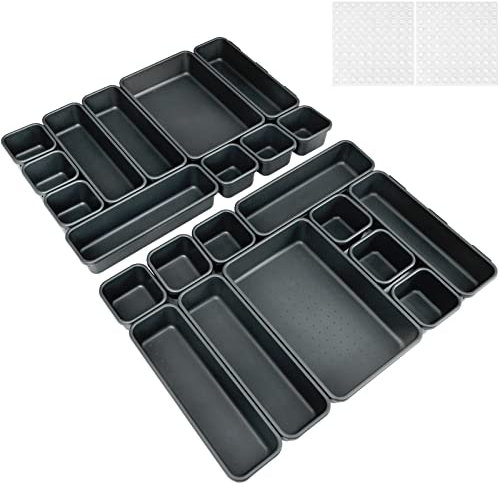 22PCS Desk Drawer Organiser Tidy Dividers Makeup Drawer Dividers 3 Sizes Plastic Trays for Storage for Dresser Cosmetics Office Bathroom Stationery Kitchen Utensil with 80 Non-slip Silicon Pads