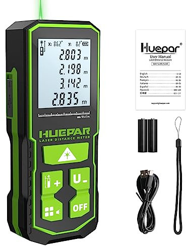Green Laser Distance Meter 60M/197ft, Huepar Digital Meter with LCD Display, Rechargeable Battery and Dual Angle Display, Pythagoras/Distance/Area and Volume S60-G