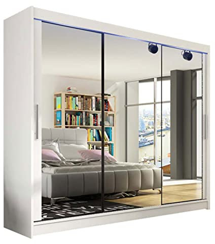 Mirjan24 Kleiderschrank Aston III, Schwebetürenschrank, Schlafzimmerschrank, Schiebetürenschrank, Garderobe, Schlafzimmer (Weiß, mit RGB LED Beleuchtung)