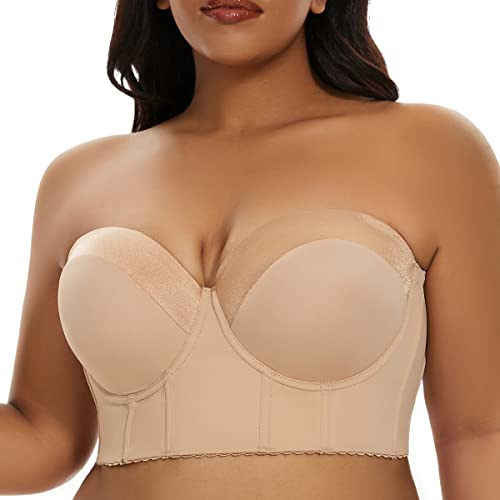 SEA BBOT Women Plus Size Strapless Bra Longline Full Figure Bustier Seamless Multiway T-Shirt Bra Dark Beige 36C