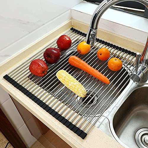 ACiyD Escurreplatos, escurridor de Platos Enrollable de Acero Inoxidable Resistente al Calor Plegable sobre la Alfombrilla del Fregadero, para secar y drenar (Size : 37 * 33cm/14.5 * 12.99in)