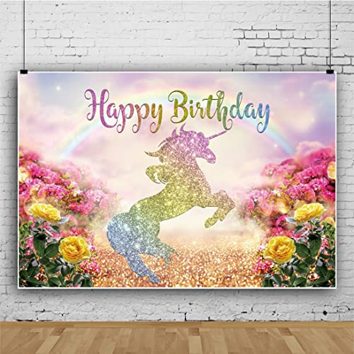 Ttincceer 300x250cm Feliz cumpleaños telón de Fondo Colorido Unicornio Brillante fotografía Fondo niñas señoras Fiesta de cumpleaños Banner Decorativo jardín Flores Arco Iris Fondo