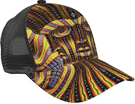 LOUJIN Psychedelic Skull Face Abstrakt Psychedelic Skull Face Abstrakte Baseballmütze für Männer Frauen Sommer Mesh Cap Hip Hop Caps Schwarz Snapback Hüte Papa Trucker Cap, #408, M/Einheitsgröße