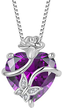 FJ Collier Papillon pour Femme Argent Sterling 925 Collier Améthyste Coeur Pendentif Pierre de Naissance Février Collier Fleur Rose Bijoux pour Femme