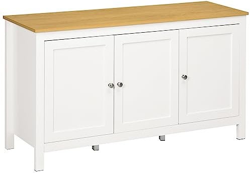 HOMCOM Buffet Meuble de Rangement avec 3 Portes 2 étagères réglables Plateau Aspect Bois Clair - 120 x 40 x 70 cm Blanc