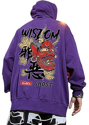 XYXIONGMAO Graphic Hoodies für Herren Japanischer Hoodie Streetwear Oversized Schwarz Weiß Ghost Hip-Hop Good and Evil, Lila, 2XL