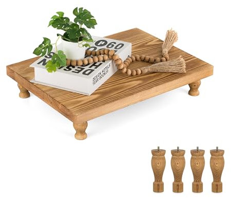 Hanobe Deko Tablett Holz Holztablett: Hölzerne Riser Bauernhaus Holz Sockel Display Stand Rustikal Tablett mit Standfuß Centerpiece für Kaffee Bar Küche Esszimmer Tisch