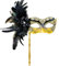 MYSEUNI 2025 Neue Schwarz und Gold Maskerade Maske mit Stab - Glänzende Damen Feder Gold Karneval Maske für Halloween Party Karneval Cosplay Abschlussball Weihnachten Hochzeit Bar Kostüm Zubehör