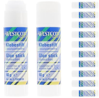 Westcott glue stick 40g (12 pieces) | Craft glue with 2,5cm transparent adhesive strip | Strong and durable glue | 100% solvent-free | Washable at 30° | E-730389 00