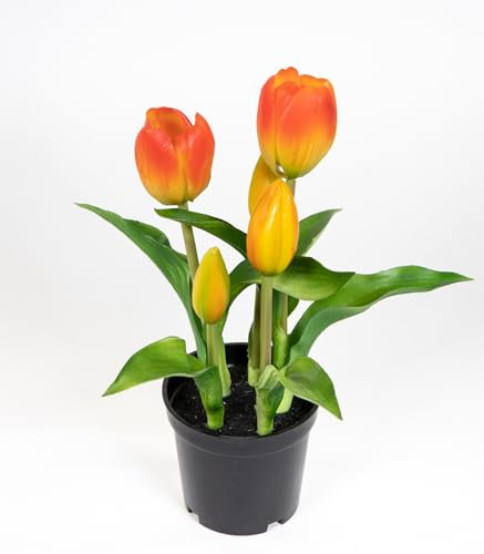 Seidenblumen Roß Tulpen Real Touch 24cm im Topf ZF Kunstpflanzen künstliche Pflanzen Tulpentopf (Orange)