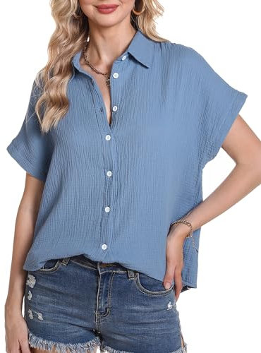 Aottori Musselin Bluse Damen Elegant Oberteile 100% Baumwolle Kurzarm Hemdbluse mit V-Ausschnitt Blusen Tunika Tops Sommer Himmelblau L