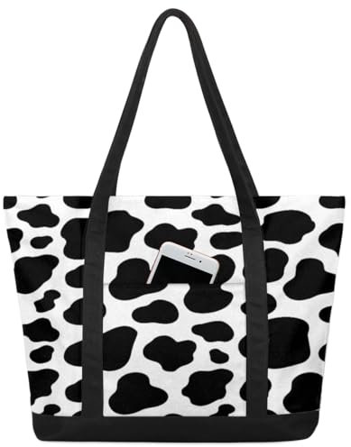 Handtasche mit Kuhfell-Aufdruck für Damen, Mädchen, Kuhtiere, große Tragetasche, 22,2 l, großes Fassungsvermögen, Reißverschluss, Segeltuch, Schultertasche für Reisen, Arbeit, Schule, farbig, X-Large