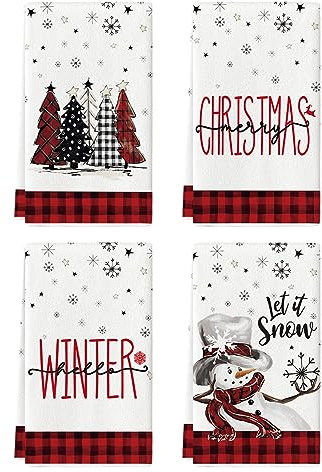 Artoid Mode Rot Schwarz Büffelkaro Schneemann Bäume Weihnachten Küchentücher Geschirrtücher, 42x65 cm Schneeflocken Deko Polyester Handtücher 4er Set