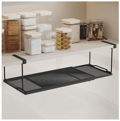 NUODWELL Panier de rangement extensible à suspendre sous une étagère, organiseur réglable en maille métallique pour cuisine, bureau, garde-manger (noir)