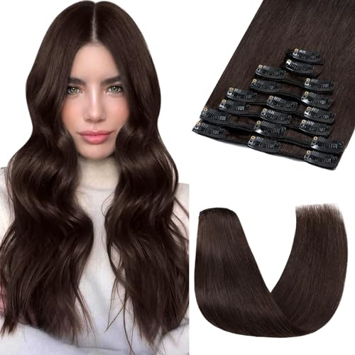 SEGOHAIR 8 PCS Clip in Extensions Echthaar, 12 Zoll Dünne Vollkopf Echthaar Extensions – Gerade Echthaar Extensions Clip– Dunkelstes Braun (55g) für perfekt Haarextension Clips Echthaar