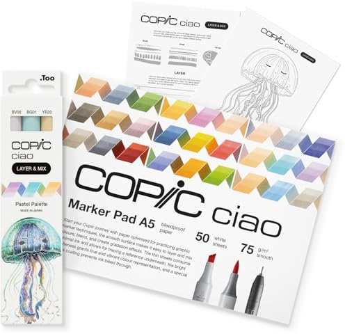 Copic Ciao LAYER & MIX Starter Set Pastel, Marker Set mit 3 verschiedenen Farben, Markerpapier und Zeichenvorlage zum abpausen, inkl. Kennenlern-Übungsblatt
