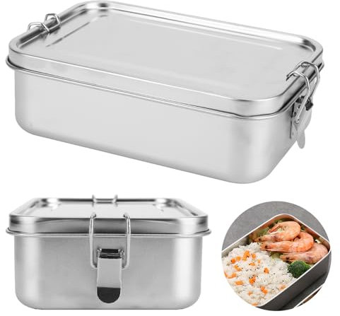 Stainless Steel Lunch Box, 1400ML Bento Box with Lock Clip, Leak-Proof Portable Food Storage Container for Salad Sandwich, No Partition Buckle, Lunchbox for Adults Kids Travel School Work, 1Pack