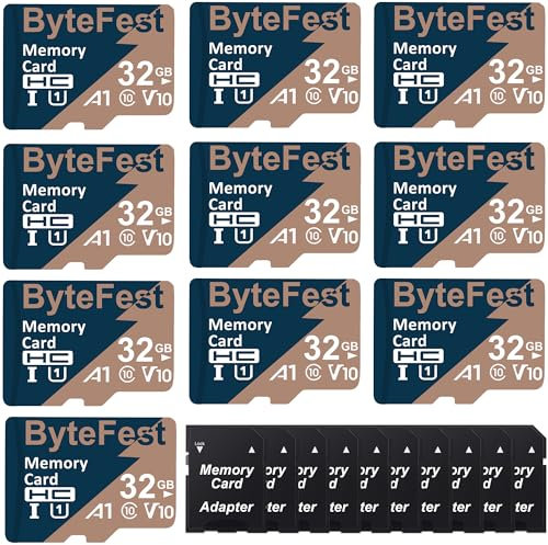 ByteFest 10 Pack 32GB mic roSD Karte mit Adapter, Schnelle UHS-I Speicherkarte U1 C10 A1 Full HD Video für Handy MP3 Player Dashcam Kamera