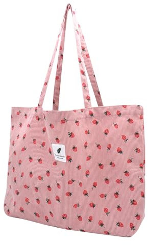 Cord Tasche Damen Umhängetasche Tote Bag Kord Damen Shopper Handtasche Schultertaschen Arbeit Büro Reisen Einkauf Schule Alltag (Pinkstrawberry L, 45cmx12cmx42cm)