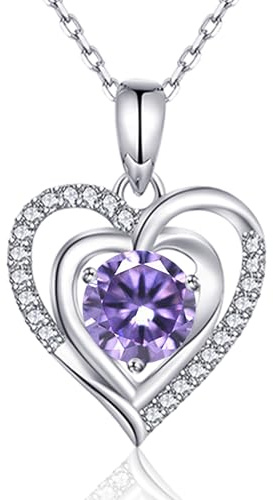 immobird Halsketten Damen herz kette mit Februar Natürliche Geburtssteine Amethyst Anhänger 925 Sterling Silber Kette Geschenk für Frauen Mama Frau Freundin