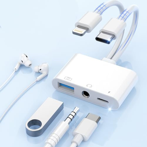 3-in-2 USB C + Lighting to 3.5mm Jack Headphone Adapter,60W Charger + USB Port + 3.5mm Aux Audio Earphones Splitter Headphone Adapter,USB OTG Adapter Type-C Headphone Splitter for iPhone/iPad/Samsung