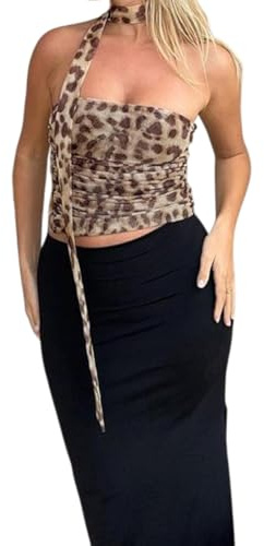 BNREOZA Sexy Leopard Print Trägerloses Top,Damen-Bustier mit Leopardenmuster,Schal Abnehmen,Rüschen Trägerloses Mesh Hanging Neck,Rückenfreies