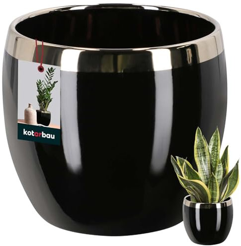 KOTARBAU® Blumenübertopf Keramik glasiert Schwarz & Gold Höhe 13 cm ⌀ 14 cm Übertöpfe für Zimmerpflanzen Pflanztopf Keramik für Wohnzimmer Blumenübertöpfe für innen Plant Pot