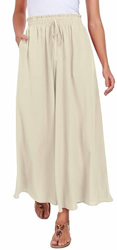 WUWUSKY Sommerhose Damen Leicht Lässige Palazzo Hose Elegant High Waist Baggy Freizeithose mit 2 Taschen,Aprikose,S