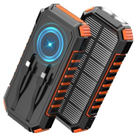 Paloceru Solar Charger Power Bank - 27000mAh Wireless Portable Charger Built-in Cables - 22.5W Fast Charging Battery Bank with USB C - PD QC 3.0 Battery Pack with Flashlights for Outdoor