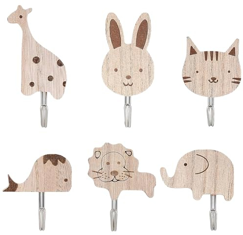 QINGZY 6 Piezas Ganchos Autoadhesivos de Madera, Perchero Infantil Pared, Bonito Gancho para Animales, Colgador de Pared para Dormitorio Baño Cocina