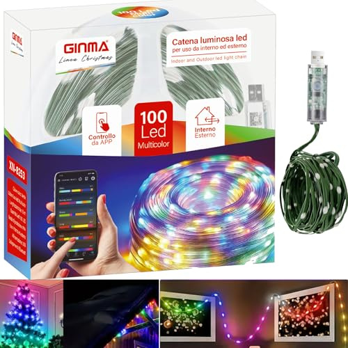 GINMA - Luci Natale Interno e Esterno LED RGB Con APP, Certificate IP44, Basso Consumo e Impermeabili (Multicolore RGB con APP, 10 metri (100 LED))
