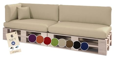 sunnypillow Palettenkissen Outdoor, wasserdicht, UV-lichtecht - 6er Set - Palettenauflage für Palettensofa für Haus, Garten - Palettenpolster für Palettenmöbel - Rückenkissen & Sitzkissen Cremefarben