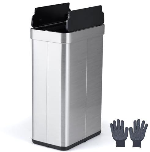 GOPLUS Cubo de Basura Automático con Sensor de 60L, Papelera de Cocina para Residuos con Doble Cubierta Abatible de Acero Inoxidable, Contenedor de Reciclaje para Hogar, 41 x 26,5 x 66 cm (Plata)