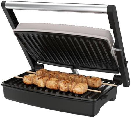 Mellerware – Elektrischer Kontaktgrill Hotty Sand 1500W, Antihaftbeschichtung, 180°-Öffnung, Doppelplatte, Leichte Reinigung, Edelstahl, Farbe Beige