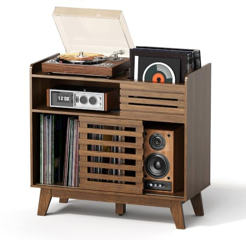Pamapic Plattenspieler-Ständer,Plattenspielertisch mit Steckdose,Schiebetür | Plattenspieler Regal mit 5 CD-Regale,Großer Plattenständer für bis zu 200 Alben,Vinylplatten-Halterung für Musikzimmer, Braun