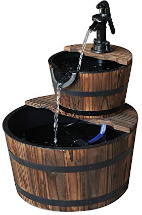 Outsunny Wooden 2-Tier Barrel Water Fountain with Pump