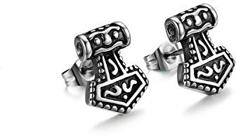 Flongo Herren Ohrstecker Männer Ohrringe, Edelstahl Ohrringe Ohrstecker Fakeplugs Stecker Thors Hammer Thorshammer Silber Biker Punk für Herren