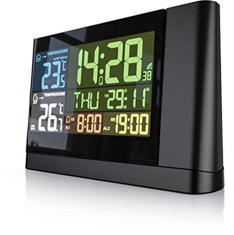 Funk Wetterstation mit Farbdisplay - mit Außensensor - DCF Empfangssignal Funkuhr - Innen- und Außentemperatur - relativer Luftdruck - Barometer - Temperaturtrend – Lichtsensor - LCD-Display